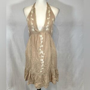 Jessica Simpson cotton blend mocha and white embroidered halter dress medium